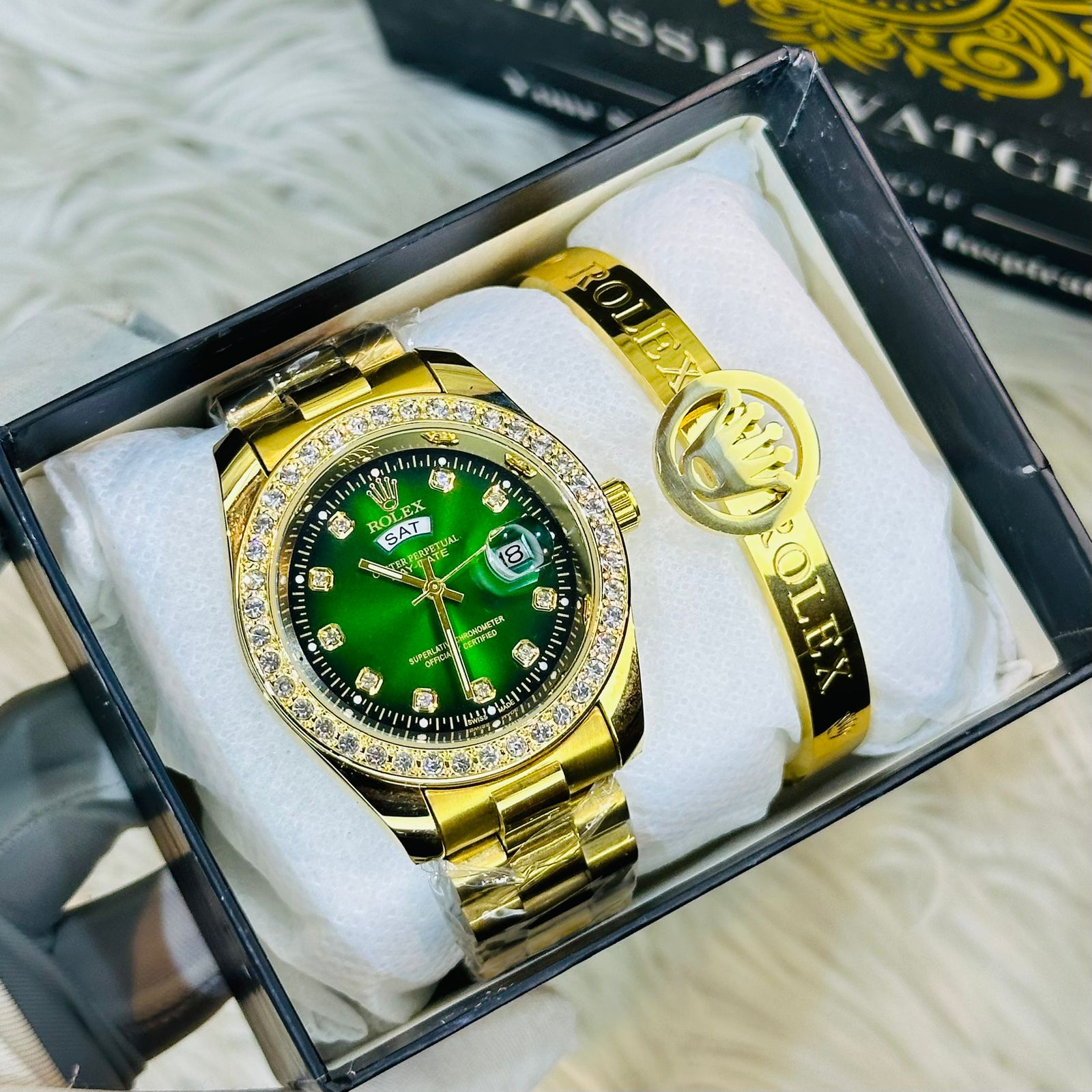 Premium Quality RLX Full Golden Green Watches & Ring Bracelet