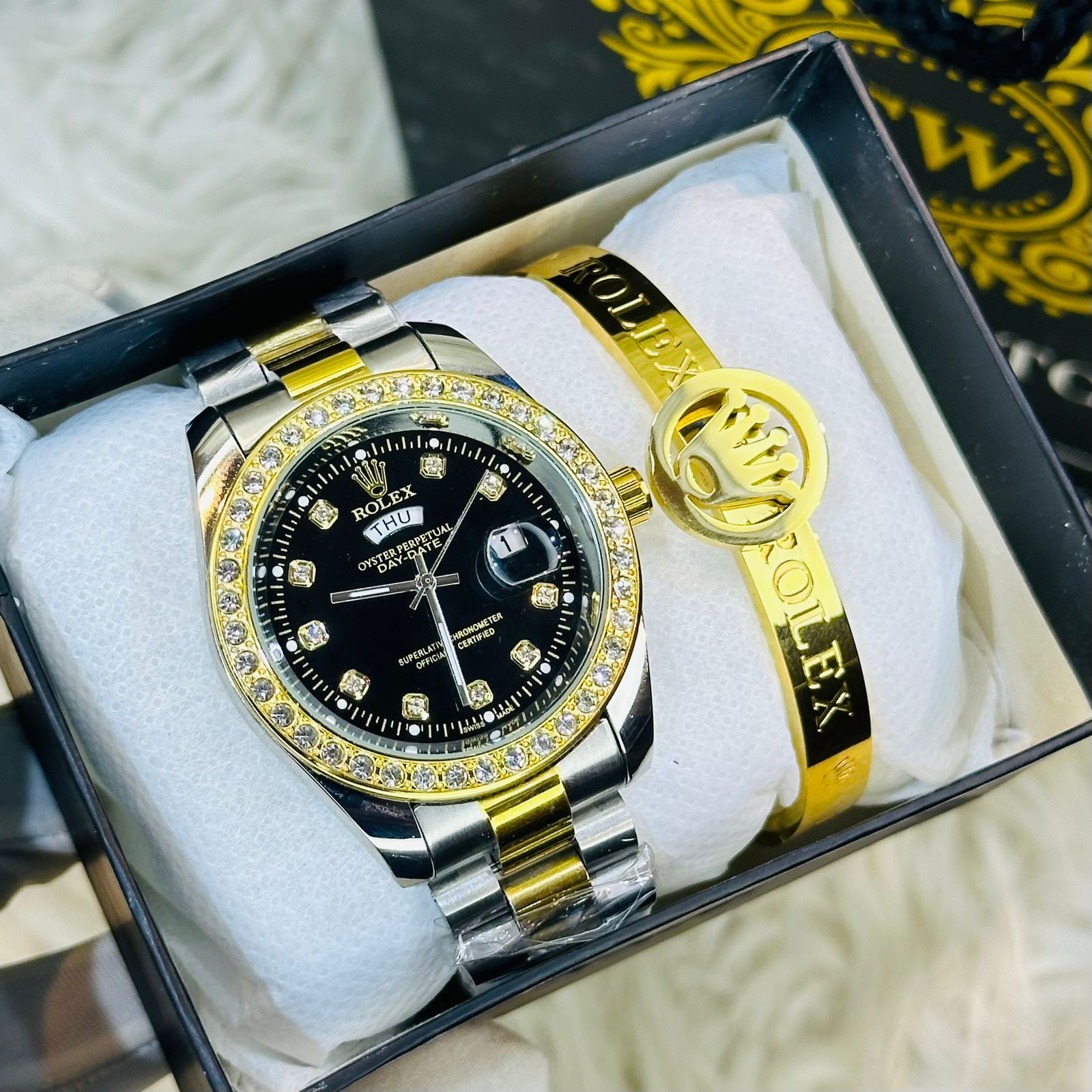 Premium Quality RLX T Stone Black Watches & Ring Bracelet