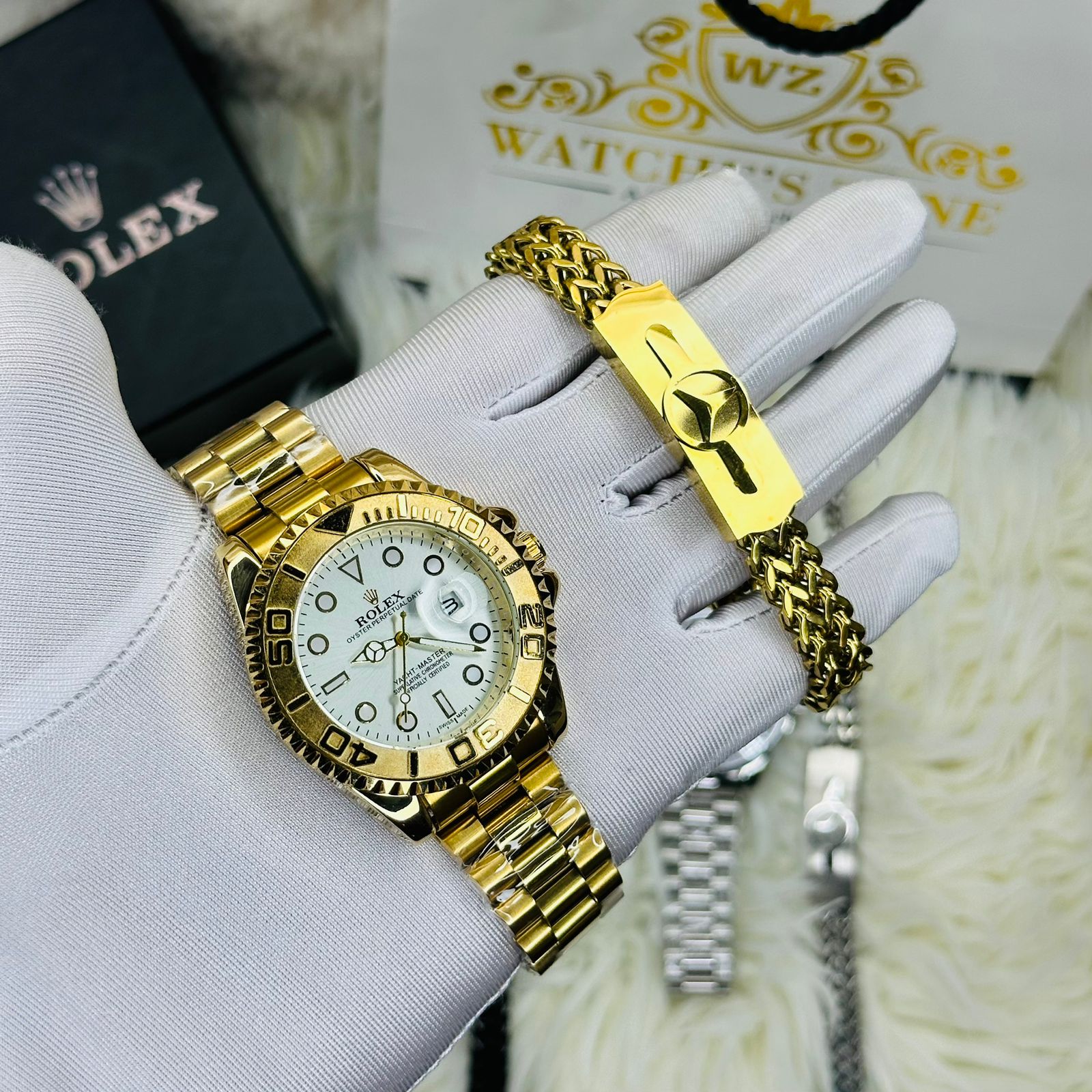 Premiume Quality Yach Sub Gold White RLX Watches & Bracelet Combo