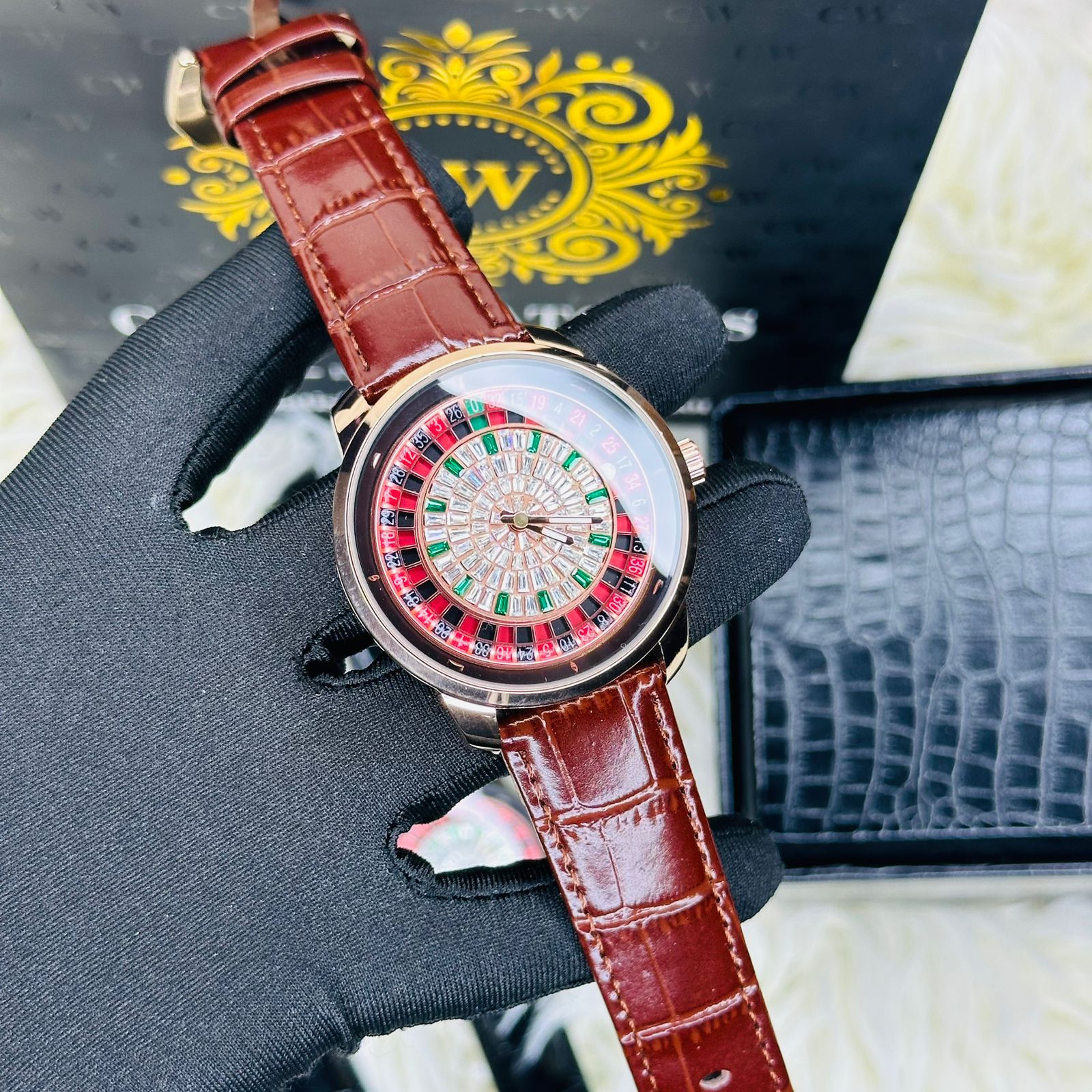 Premium Brown Leather Casino Stone Watch Rose Body