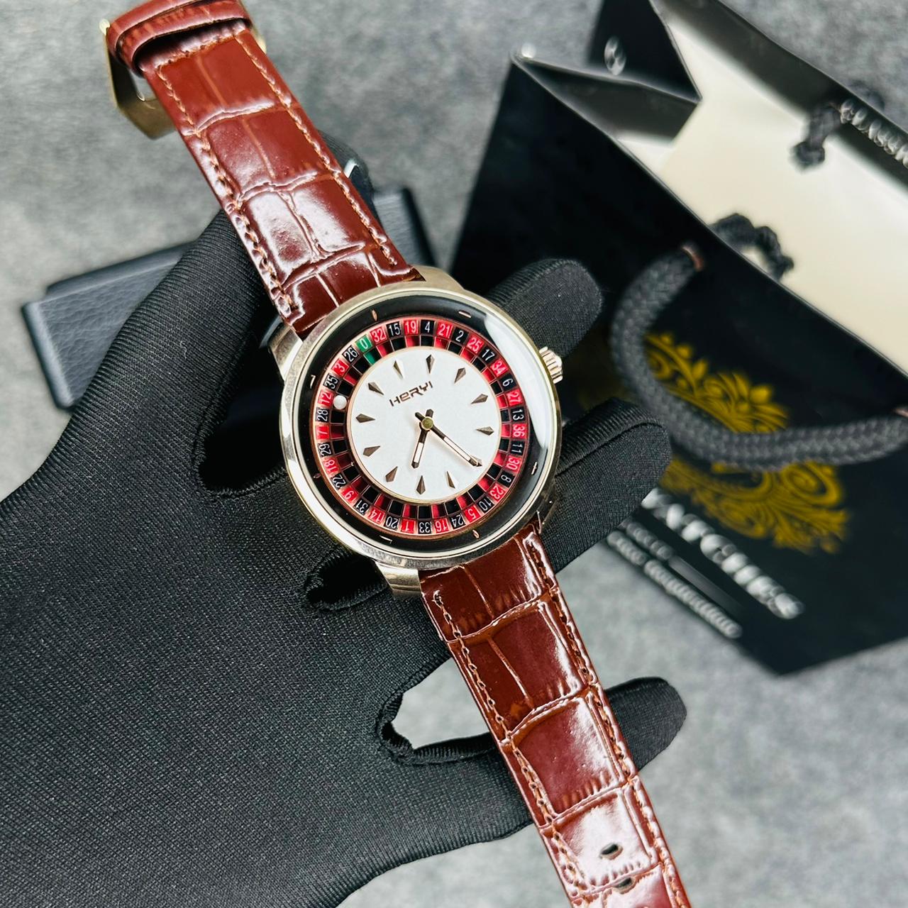 Premium Leather Casino Watch Rose Body Dial White