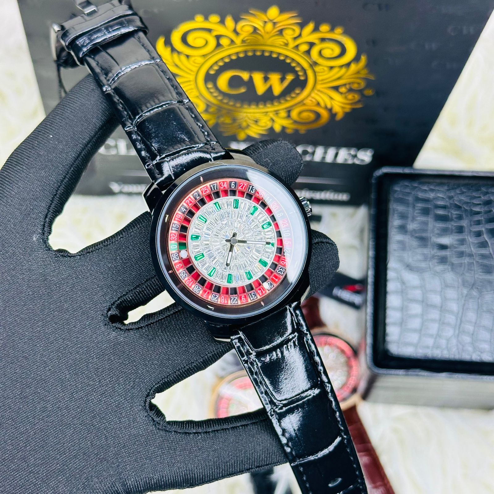 Premium Black Leather Casino Stone Watch Black Body