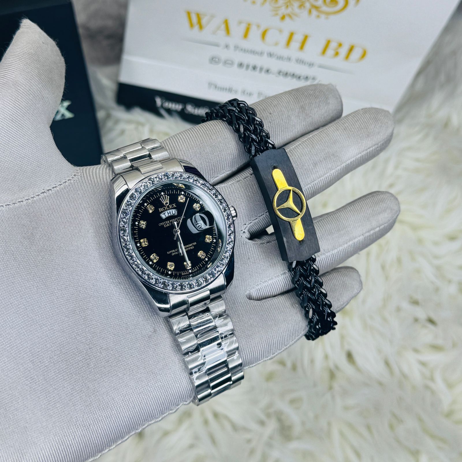 premium Quality RLX watch & Bracelet Silver Black