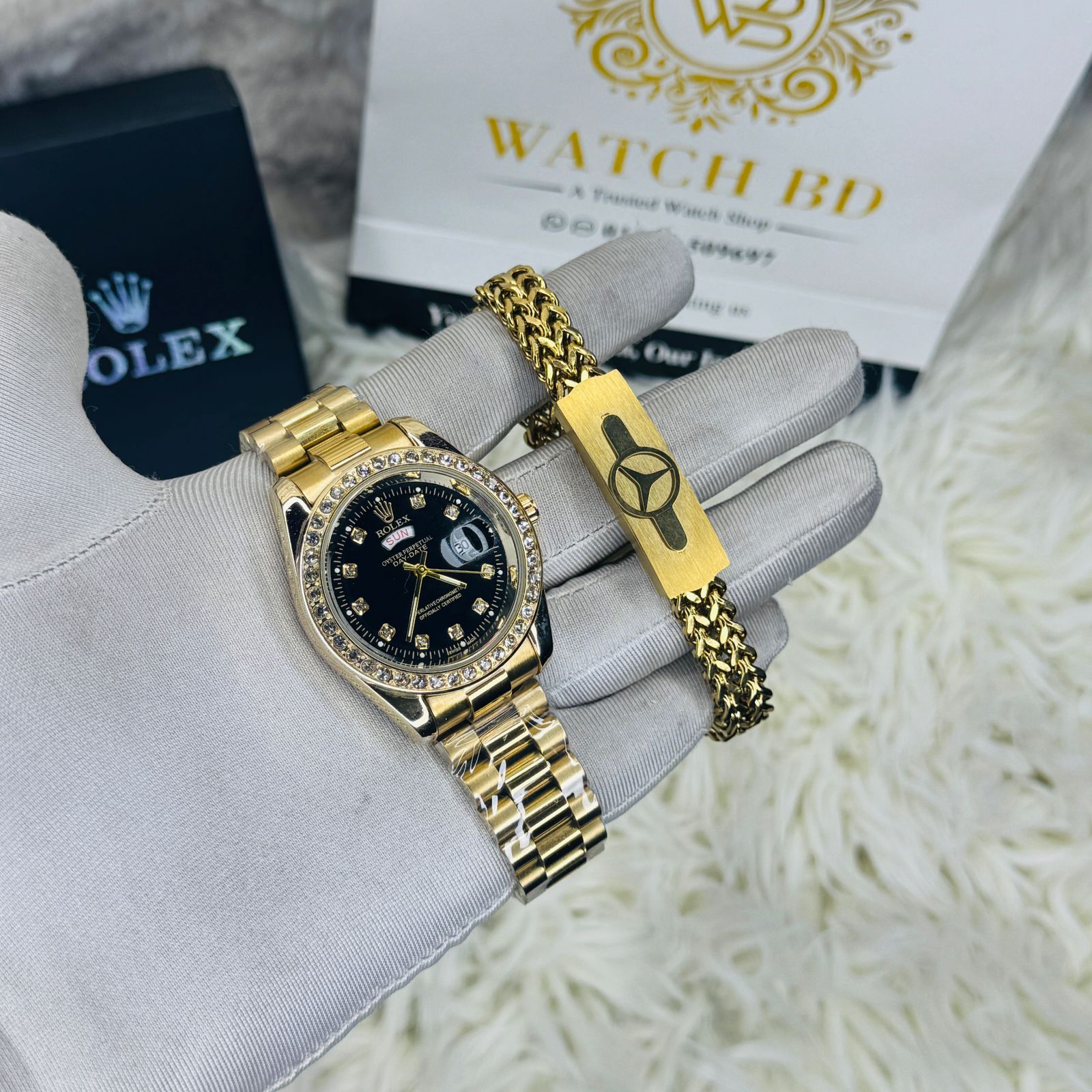 premium Quality RLX watch & Bracelet Full golden Dial Black