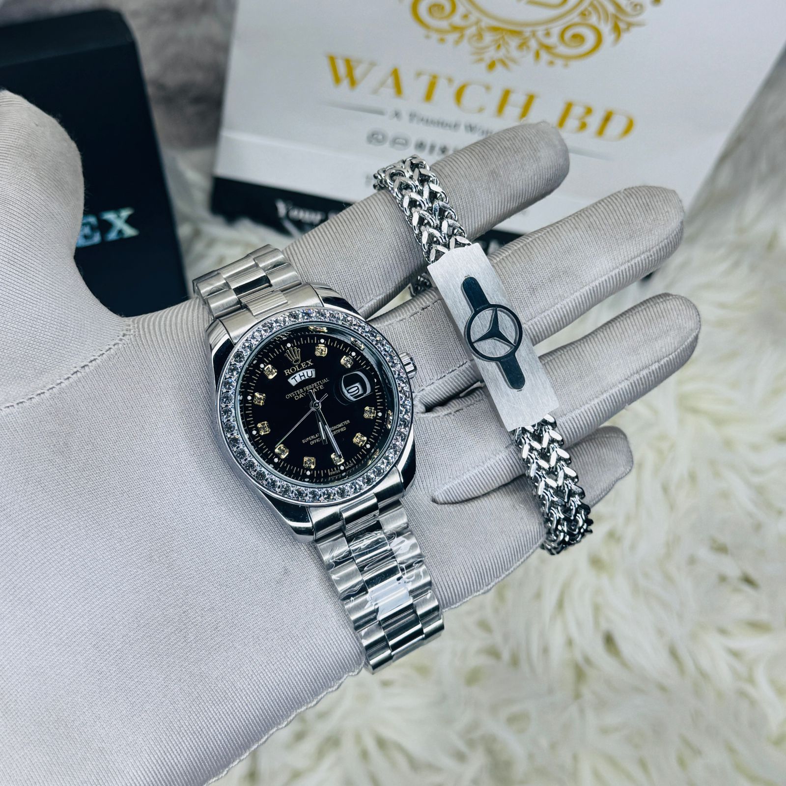 premium Quality RLX watch & Bracelet Silver Black