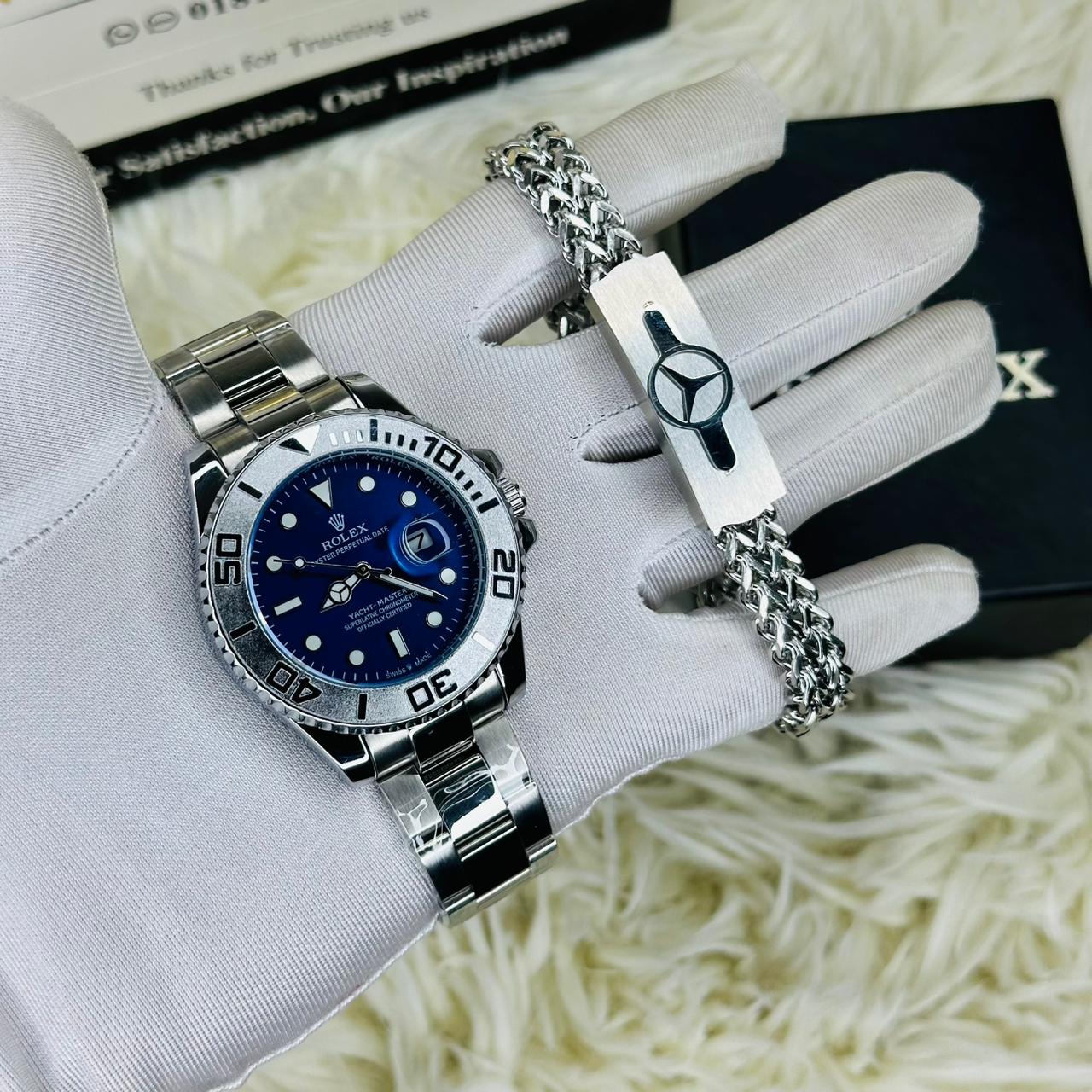 Premiume Quality Yach Sub Silver Blue RLX Watches & Bracelet Combo